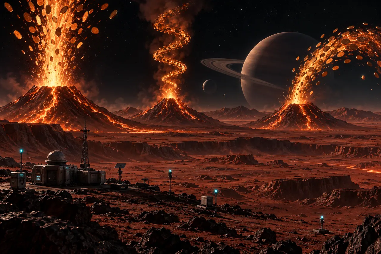 Original field-art illustration for 3 Coin Volcanoes
