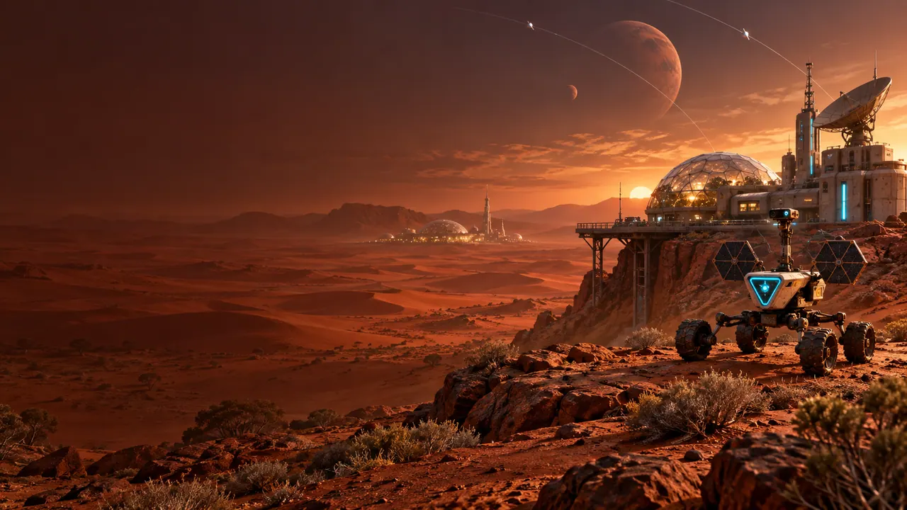 Original retro-futurist Mars field station and survey rover in an Australian-red desert